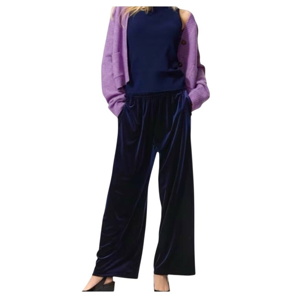 Lands End Velvet Velour Pants M 10-12 Women Navy Blue Pull On Elastic Pockets